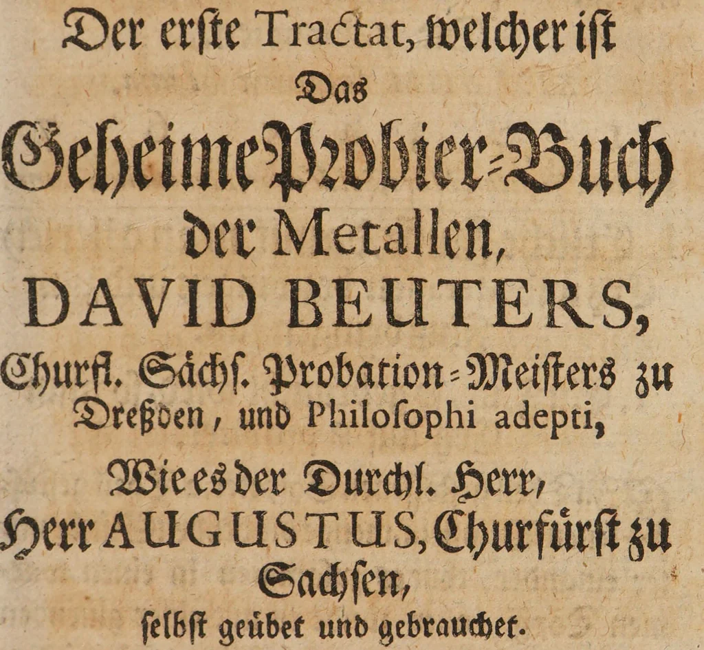 An illustration from David Beuthers, gewesenen Churfürstl. Sachsischen Probation-Meisters zu Dresden, und Philosophi Adepti. Zwey rare chymische Tractate, darinnen nicht nur alle Geheimnisse der Probier-Kunst, derer Ertze und Schmeltzung derselben, sondern auch die Möglichkeit der Verwandelung der geringen Metallen in bessere, gar deutlich gezeiget werden. Aus dem einem alten, raren, von Anno 1514 biss 1582 geschreibenen Buche zum ersten Mahl in Druck gegeben. Deme beygefüget dieses Autoris Universal oder vollkommener Bericht von der wahrn Alchymie / [David Beuther]., 1717, leaf 21