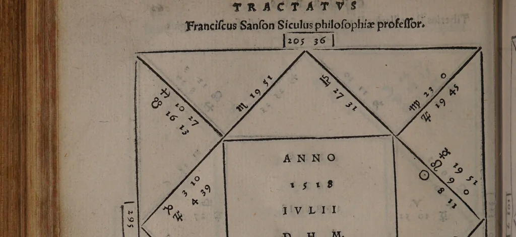 An illustration from Lucæ Gavrici ... Tractatvs astrologicvs in quo agitur de præteritis multorum hominum accidentibus per proprias eorum genituras ad unguem examinatis / Quorum exemplis consimilibus vnusquiso de medio genethliacus vaticinari poterit de futuris, quippe qui per uarios casus artem experientia fecit, exemplo monstrante uiam., 1552, leaf 138