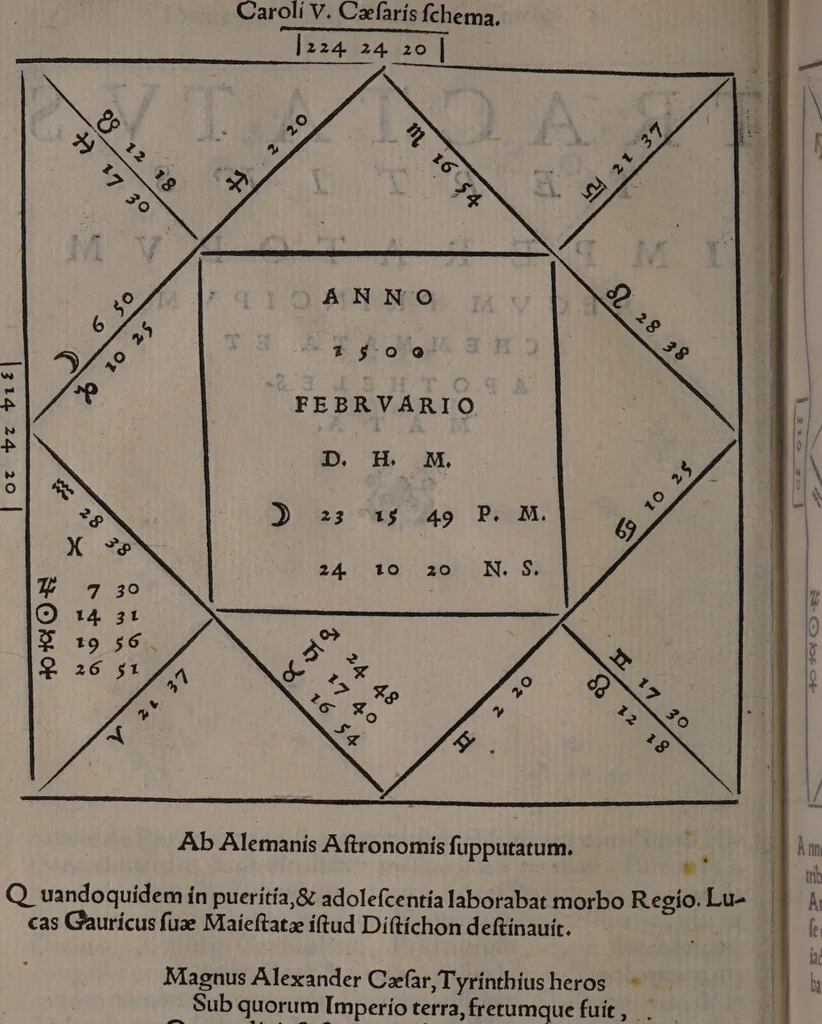 An illustration from Lucæ Gavrici ... Tractatvs astrologicvs in quo agitur de præteritis multorum hominum accidentibus per proprias eorum genituras ad unguem examinatis / Quorum exemplis consimilibus vnusquiso de medio genethliacus vaticinari poterit de futuris, quippe qui per uarios casus artem experientia fecit, exemplo monstrante uiam., 1552, leaf 94