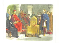 An illustration from A Chronicle of England B.C. 55-A.D. 1485, written and illustrated by J. E. D. The designs engraved and printed in colours by E. Evans. F.P (1864)