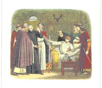 An illustration from A Chronicle of England B.C. 55-A.D. 1485, written and illustrated by J. E. D. The designs engraved and printed in colours by E. Evans. F.P (1864)