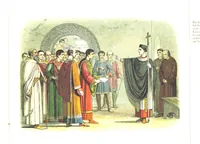 An illustration from A Chronicle of England B.C. 55-A.D. 1485, written and illustrated by J. E. D. The designs engraved and printed in colours by E. Evans. F.P (1864)
