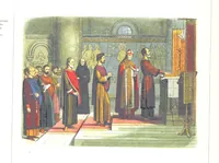 An illustration from A Chronicle of England B.C. 55-A.D. 1485, written and illustrated by J. E. D. The designs engraved and printed in colours by E. Evans. F.P (1864)