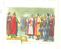 An illustration from A Chronicle of England B.C. 55-A.D. 1485, written and illustrated by J. E. D. The designs engraved and printed in colours by E. Evans. F.P (1864)