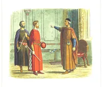 An illustration from A Chronicle of England B.C. 55-A.D. 1485, written and illustrated by J. E. D. The designs engraved and printed in colours by E. Evans. F.P (1864)