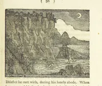 An illustration from Providence Displayed: or, the remarkable adventures of Alexander Selkirk, who lived four years and four months by himself, on the island of Juan Fernandez ... To which is added a supplement, containing the history of P. Serrano, E. How, and others left in similar situations (1800)