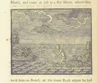 An illustration from Providence Displayed: or, the remarkable adventures of Alexander Selkirk, who lived four years and four months by himself, on the island of Juan Fernandez ... To which is added a supplement, containing the history of P. Serrano, E. How, and others left in similar situations (1800)