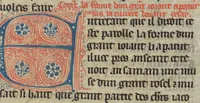 An illustration from Miscellany: Chronique dite de Baudouin d'Avesnes; Brunetto Latini: Livre du Trésor (excerpts); Enseignements moraux et religieux; Plainte de la Vierge; Table de la foi catholique; Pardons du pèlerinage à Rome (1350)