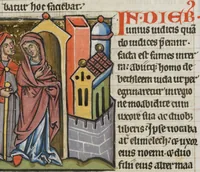 An illustration from Biblia Sacra . Short tract „De fructibus carnis et spiritus“ (1250)