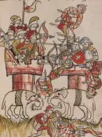 An illustration from Nycolaus de Lyra, Postilla super Ieremiam, Danielem, in Machabaeorum et Iudith (1393)