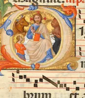 An illustration from Initial D: Christ in Majesty Surrounded by the Symbols of the Evangelists, cutting from an antiphonal (1390)