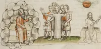 An illustration from Fables; Exemplum de Tribus Latronibus; Defensio Curatorum Adversus Fratres Mendicantes, 1357; De Balsamo (Ch. 7 of De Mirabilibus); homilies on the Gospel of Luke; De septem sacramentis; and others (1450)