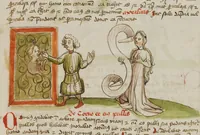 An illustration from Fables; Exemplum de Tribus Latronibus; Defensio Curatorum Adversus Fratres Mendicantes, 1357; De Balsamo (Ch. 7 of De Mirabilibus); homilies on the Gospel of Luke; De septem sacramentis; and others (1450)