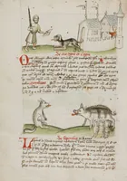 An illustration from Fables; Exemplum de Tribus Latronibus; Defensio Curatorum Adversus Fratres Mendicantes, 1357; De Balsamo (Ch. 7 of De Mirabilibus); homilies on the Gospel of Luke; De septem sacramentis; and others (1450)