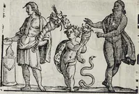 An illustration from Imagini Delli Dei De Gl'Antichi Di Vincenzo Cartari Reggiano: Ridotte da capo à piedi alle loro reali, & non più per l'adietro osseruate simiglianze. Cauate da' Marmi, Bronzi, Medaglie, Gioie, & altre memorie antiche; con esquisito studio, & particolare diligenza Da Lorenzo Pignoria Padoano. Aggionteui le Annotationi del medesimo sopra tutta l'opera ... Con le Allegorie sopra le Imagini di Cesare Malfatti Padoano, migliorate, & accresciute nouamente. Et vn Catalogo di cento più famosi dei della Gentilità. Con l'aggiunta d'vn'altro Catalogo de gl'Autori Antichi, & Moderni ... (1674)