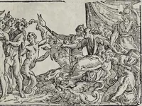 An illustration from Imagini Delli Dei De Gl'Antichi Di Vincenzo Cartari Reggiano: Ridotte da capo à piedi alle loro reali, & non più per l'adietro osseruate simiglianze. Cauate da' Marmi, Bronzi, Medaglie, Gioie, & altre memorie antiche; con esquisito studio, & particolare diligenza Da Lorenzo Pignoria Padoano. Aggionteui le Annotationi del medesimo sopra tutta l'opera ... Con le Allegorie sopra le Imagini di Cesare Malfatti Padoano, migliorate, & accresciute nouamente. Et vn Catalogo di cento più famosi dei della Gentilità. Con l'aggiunta d'vn'altro Catalogo de gl'Autori Antichi, & Moderni ... (1674)