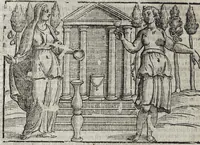 An illustration from Imagini Delli Dei De Gl'Antichi Di Vincenzo Cartari Reggiano: Ridotte da capo à piedi alle loro reali, & non più per l'adietro osseruate simiglianze. Cauate da' Marmi, Bronzi, Medaglie, Gioie, & altre memorie antiche; con esquisito studio, & particolare diligenza Da Lorenzo Pignoria Padoano. Aggionteui le Annotationi del medesimo sopra tutta l'opera ... Con le Allegorie sopra le Imagini di Cesare Malfatti Padoano, migliorate, & accresciute nouamente. Et vn Catalogo di cento più famosi dei della Gentilità. Con l'aggiunta d'vn'altro Catalogo de gl'Autori Antichi, & Moderni ... (1674)