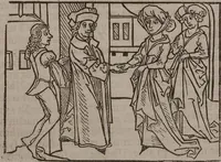 An illustration from 'Gesta Romanorum', dt. ; Aeneas Silvius Piccolomini: De duobus amantibus Euryalo et Lucretia, in der Übersetzung des Niklas von Wyle (1. Translatze) ; Lucianus Samosatensis (Druck) ; Giovanni Boccaccio (Druck) (1470)