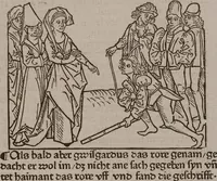 An illustration from 'Gesta Romanorum', dt. ; Aeneas Silvius Piccolomini: De duobus amantibus Euryalo et Lucretia, in der Übersetzung des Niklas von Wyle (1. Translatze) ; Lucianus Samosatensis (Druck) ; Giovanni Boccaccio (Druck) (1470)