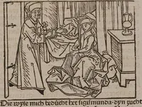 An illustration from 'Gesta Romanorum', dt. ; Aeneas Silvius Piccolomini: De duobus amantibus Euryalo et Lucretia, in der Übersetzung des Niklas von Wyle (1. Translatze) ; Lucianus Samosatensis (Druck) ; Giovanni Boccaccio (Druck) (1470)