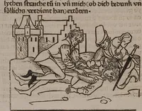An illustration from 'Gesta Romanorum', dt. ; Aeneas Silvius Piccolomini: De duobus amantibus Euryalo et Lucretia, in der Übersetzung des Niklas von Wyle (1. Translatze) ; Lucianus Samosatensis (Druck) ; Giovanni Boccaccio (Druck) (1470)