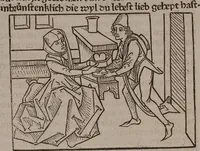 An illustration from 'Gesta Romanorum', dt. ; Aeneas Silvius Piccolomini: De duobus amantibus Euryalo et Lucretia, in der Übersetzung des Niklas von Wyle (1. Translatze) ; Lucianus Samosatensis (Druck) ; Giovanni Boccaccio (Druck) (1470)