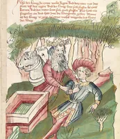 An illustration from Historia septem sapientum, dt. ; Martinus Oppaviensis: Chronicon pontificum et imperatorum, dt. (1450)