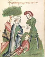 An illustration from Historia septem sapientum, dt. ; Martinus Oppaviensis: Chronicon pontificum et imperatorum, dt. (1450)