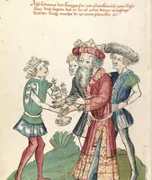 An illustration from Historia septem sapientum, dt. ; Martinus Oppaviensis: Chronicon pontificum et imperatorum, dt. (1450)