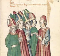 An illustration from Historia septem sapientum, dt. ; Martinus Oppaviensis: Chronicon pontificum et imperatorum, dt. (1450)