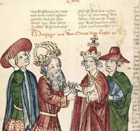 An illustration from Historia septem sapientum, dt. ; Martinus Oppaviensis: Chronicon pontificum et imperatorum, dt. (1450)