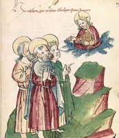 An illustration from Historia septem sapientum, dt. ; Martinus Oppaviensis: Chronicon pontificum et imperatorum, dt. (1450)