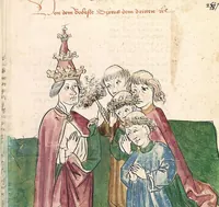 An illustration from Historia septem sapientum, dt. ; Martinus Oppaviensis: Chronicon pontificum et imperatorum, dt. (1450)