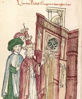 An illustration from Historia septem sapientum, dt. ; Martinus Oppaviensis: Chronicon pontificum et imperatorum, dt. (1450)