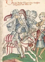 An illustration from Historia septem sapientum, dt. ; Martinus Oppaviensis: Chronicon pontificum et imperatorum, dt. (1450)