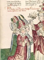 An illustration from Historia septem sapientum, dt. ; Martinus Oppaviensis: Chronicon pontificum et imperatorum, dt. (1450)