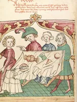 An illustration from Historia septem sapientum, dt. ; Martinus Oppaviensis: Chronicon pontificum et imperatorum, dt. (1450)