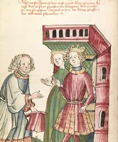 An illustration from Historia septem sapientum, dt. ; Martinus Oppaviensis: Chronicon pontificum et imperatorum, dt. (1450)