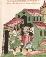 An illustration from Historia septem sapientum, dt. ; Martinus Oppaviensis: Chronicon pontificum et imperatorum, dt. (1450)