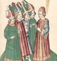 An illustration from Historia septem sapientum, dt. ; Martinus Oppaviensis: Chronicon pontificum et imperatorum, dt. (1450)