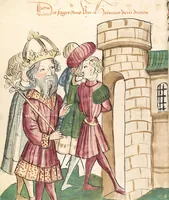 An illustration from Historia septem sapientum, dt. ; Martinus Oppaviensis: Chronicon pontificum et imperatorum, dt. (1450)