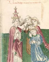 An illustration from Historia septem sapientum, dt. ; Martinus Oppaviensis: Chronicon pontificum et imperatorum, dt. (1450)