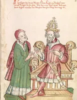 An illustration from Historia septem sapientum, dt. ; Martinus Oppaviensis: Chronicon pontificum et imperatorum, dt. (1450)
