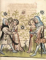 An illustration from 'Rosengarten zu Worms' ; 'Lucidarius' (1420)