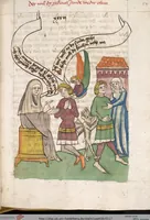 An illustration from 'Heidelberger Bilderkatechismus' (Handschrift) ; Biblia pauperum (Blockbuch) ; Totentanz (Blockbuch) u.a. (1455)