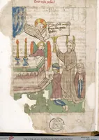 An illustration from 'Heidelberger Bilderkatechismus' (Handschrift) ; Biblia pauperum (Blockbuch) ; Totentanz (Blockbuch) u.a. (1455)