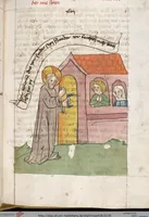 An illustration from 'Heidelberger Bilderkatechismus' (Handschrift) ; Biblia pauperum (Blockbuch) ; Totentanz (Blockbuch) u.a. (1455)