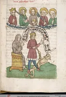 An illustration from 'Heidelberger Bilderkatechismus' (Handschrift) ; Biblia pauperum (Blockbuch) ; Totentanz (Blockbuch) u.a. (1455)