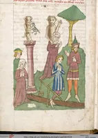 An illustration from 'Heidelberger Bilderkatechismus' (Handschrift) ; Biblia pauperum (Blockbuch) ; Totentanz (Blockbuch) u.a. (1455)
