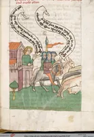 An illustration from 'Heidelberger Bilderkatechismus' (Handschrift) ; Biblia pauperum (Blockbuch) ; Totentanz (Blockbuch) u.a. (1455)